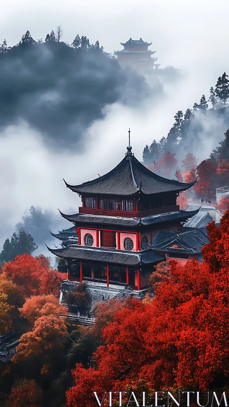Multi-tiered pagoda stands amid dense fog and red foliage