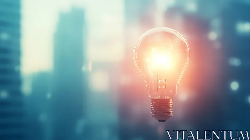 Glowing lightbulb floats before soft focus city skyline