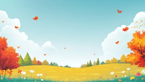 Autumn meadow spreads under bright sky with drifting butterflies.