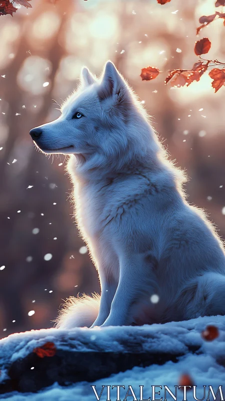 White wolf in soft-focus winter forest under warm backlight