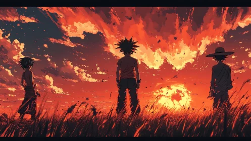 Three silhouetted youths in fiery orange anime sunset field