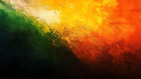 Abstract textured painting with vibrant green, yellow, and orange hues.