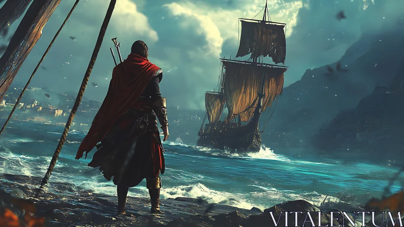 Lone cloaked warrior watches stormlit galleon depart shore