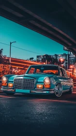 Neon-lit classic sedan under urban overpass, digital stylization.