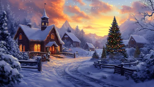 Digital painting of snowy village with illuminated Christmas tree.