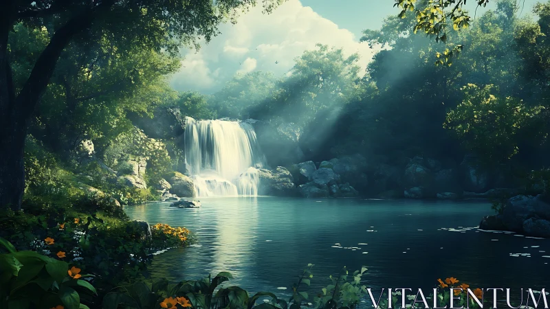 Sunlit forest waterfall pours into a tranquil emerald pool