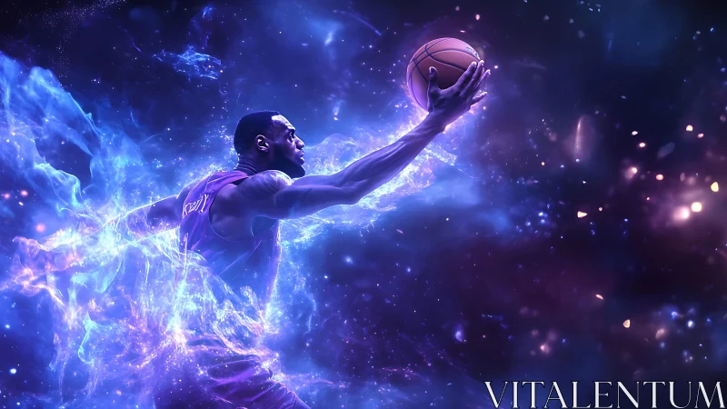 Dynamic cosmic basketball drive with neon particle energy trails