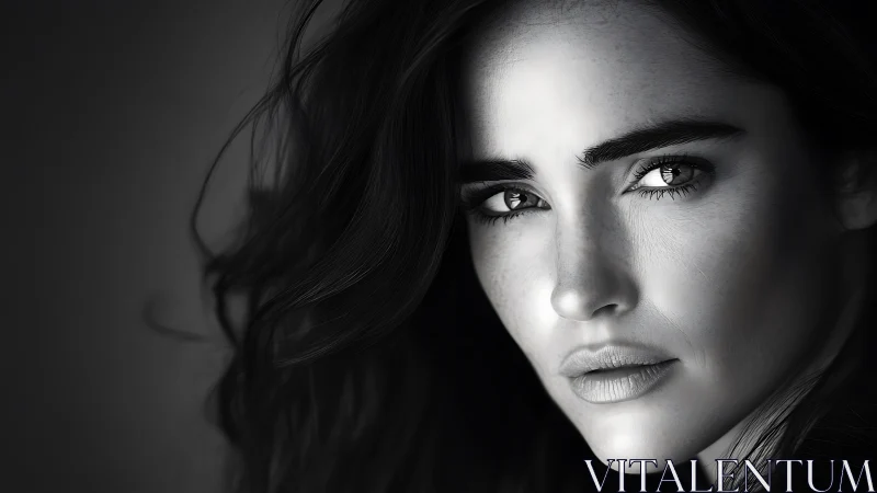 Monochrome close portrait of woman with intense gaze.