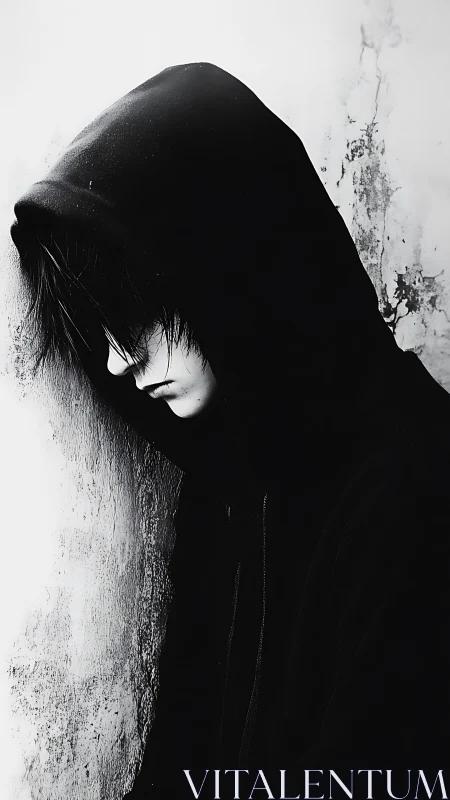 Solitary hooded figure in stark black and white portrait.