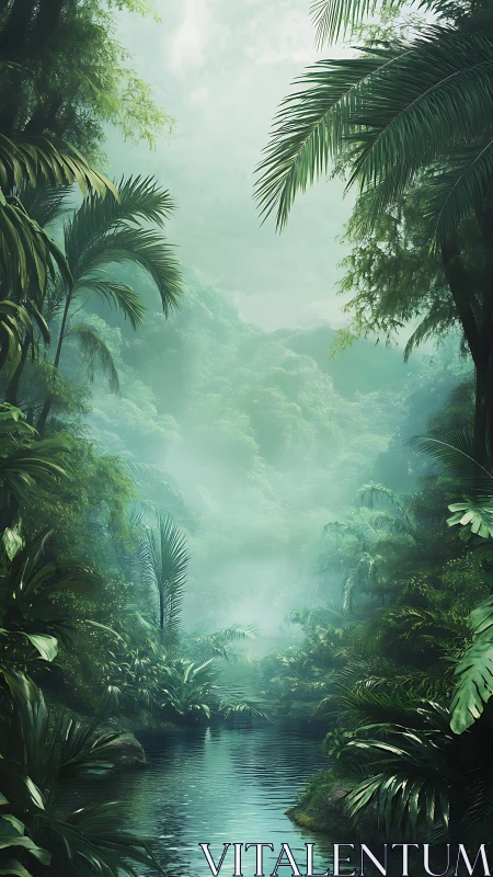 Tropical Canyon with Misty Atmospheric Layering and Riverside Vegetation.