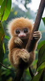 High-resolution portrait of juvenile primate on rainforest branch.