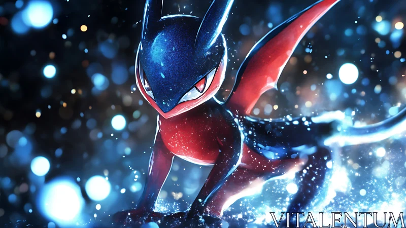 Bipedal dragonlike creature in glowing bokeh environment.