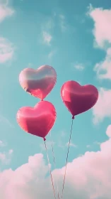 Three pink heart-shaped balloons floating against turquoise sky.
