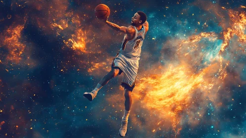 Basketball player soars through a blazing cosmic galaxy.