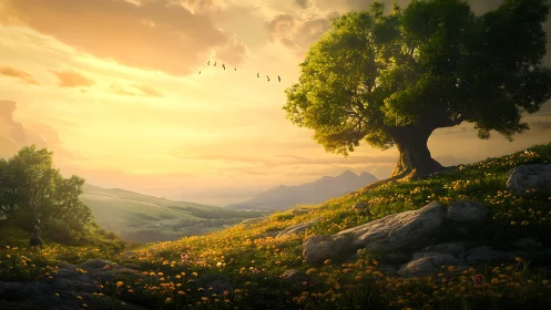 Golden hillside meadow unfolds beneath an ancient tree.