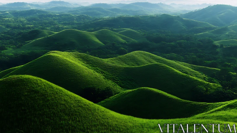 Sunlit green hills roll across dense tropical valley