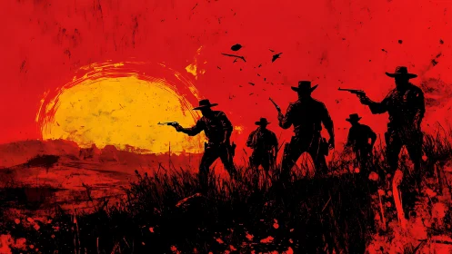 Silhouetted armed riders against red sunset landscape.