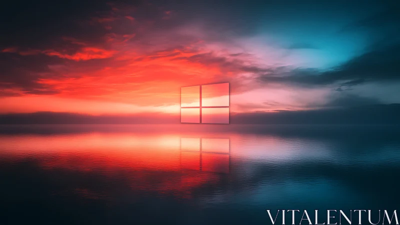 Digital sunset horizon with glowing portal reflection.