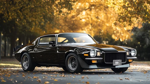 Glossy black muscle car gleams under golden autumn trees