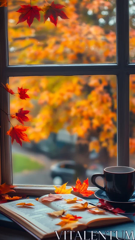 Autumn window still life with open book, coffee cup, maple leaves