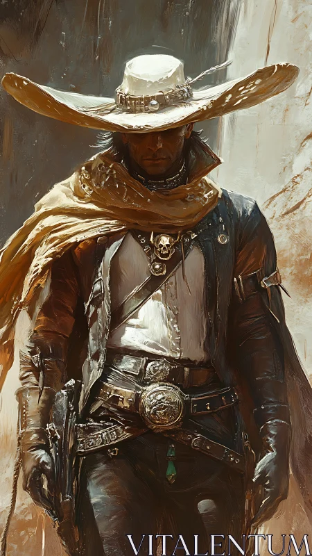 Lone gunslinger strides through sunlit canyon shadows