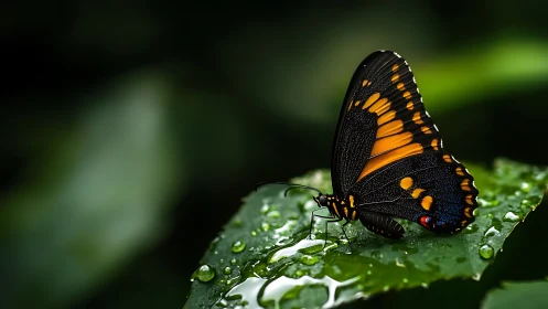 Rain-jewelled butterfly pausing on a glossy emerald leaf.