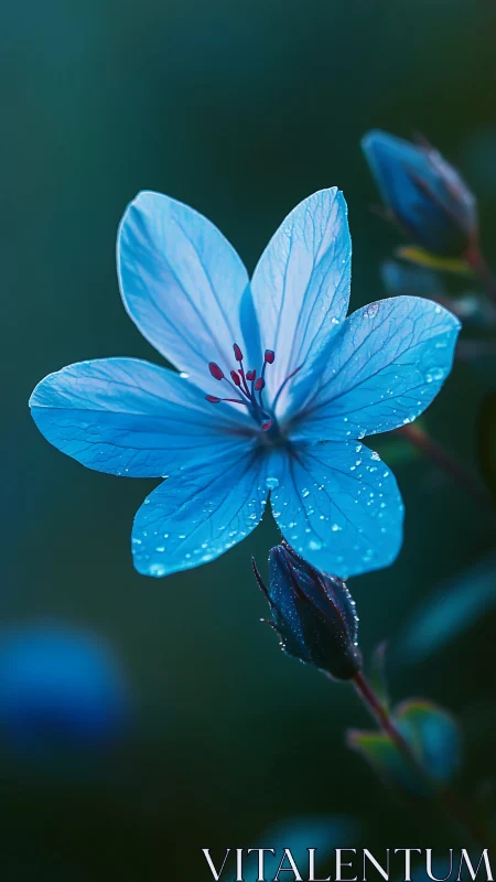 Blue flower macro shows dew on petals and sharp stamen detail