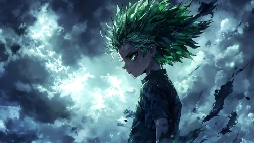 Stormlit anime boy with glowing green energy gaze.