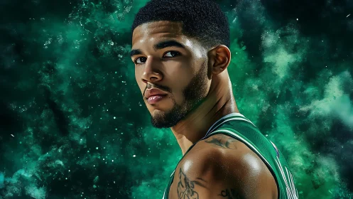 Galactic court guardian in emerald storm of swirling energy.