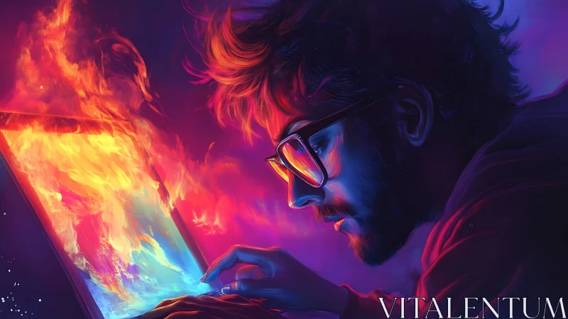 Firelit coder at a glowing laptop of swirling creativity.