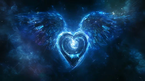 Plasma-winged luminous heart in deep cosmic turbulence field.