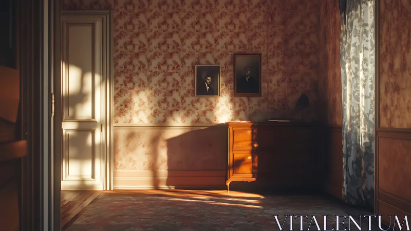 Golden hour light across vintage patterned interior wall.
