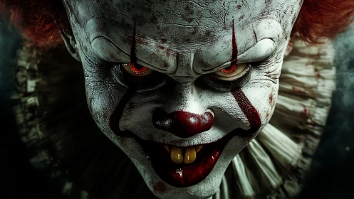 Predatory carnival clown grins under feverish circus gloom.