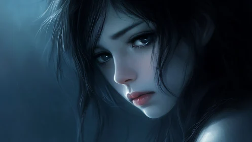 Melancholic blue portrait of ethereal dark haired girl.