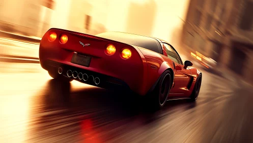 Red sports car powers through glowing urban rain streets.