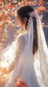 Side profile of woman in lace veil near flowering branches.