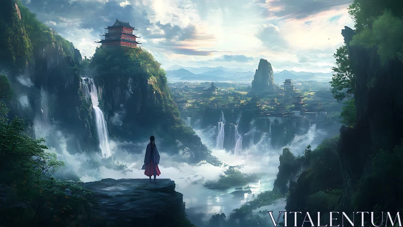 Mist-veiled mountain temple valley with cascading waterfalls.