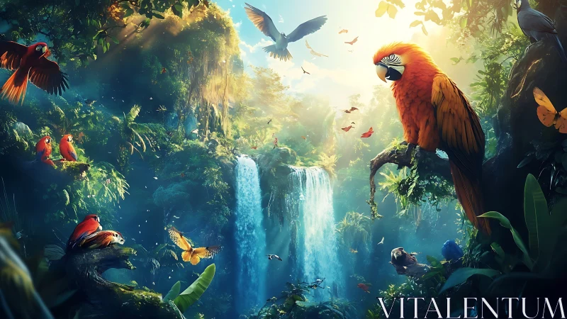 Parrots conduct a sunrise symphony above jungle waterfalls
