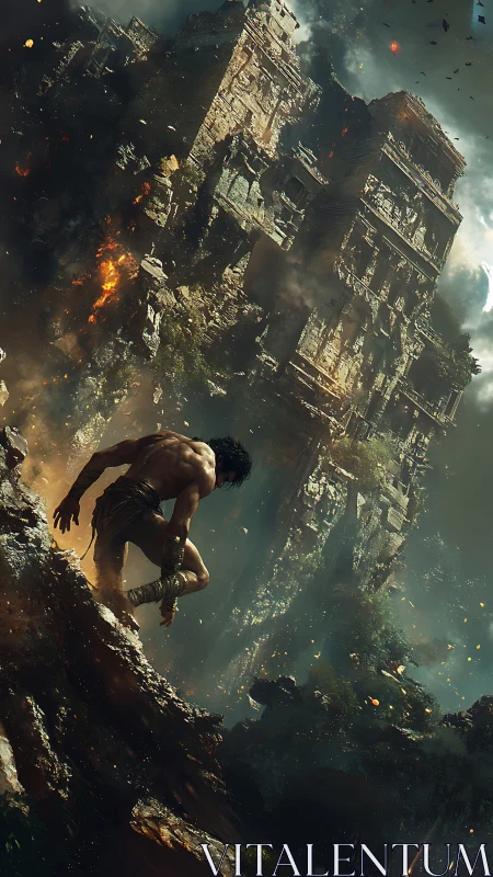 Ruined jungle citadel leans as lone warrior descends into fire