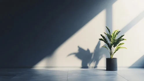 Sunlit potted plant casting bold shadows on minimal wall.