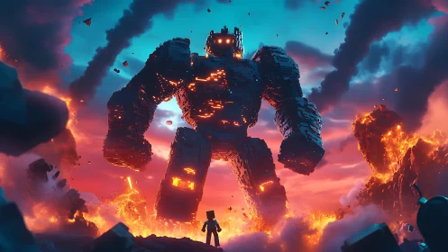 Colossal voxel lava golem looms over lone digital hero