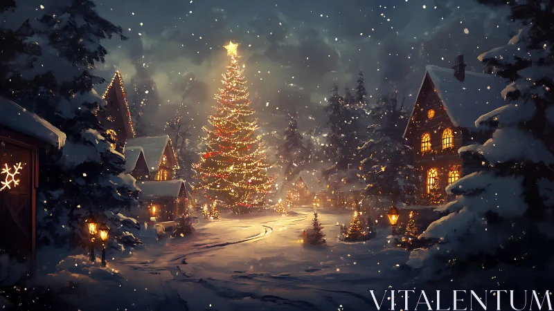 Snowy village square with glowing Christmas tree centerpiece.