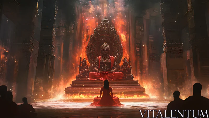 Fiery temple interior frames meditating deity with volumetric light