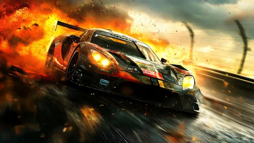 Flaming GT race car powers through rain soaked track.