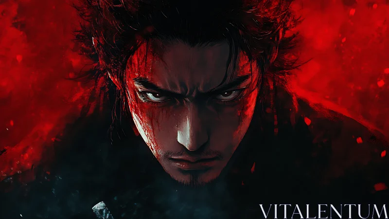 Bloodlit warrior portrait under asymmetric red luminance field.