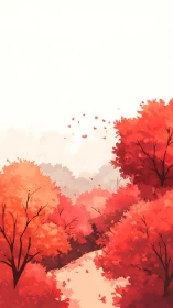 Gradient Forest Landscape with Luminous Autumn Trees in Red Tones