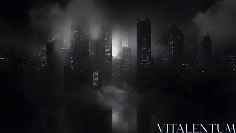 Shrouded noir metropolis with fog-draped skyscraper silhouettes.