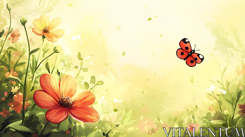 Sunlit Garden Composition with Ladybug Exploring Vibrant Floral Scene.
