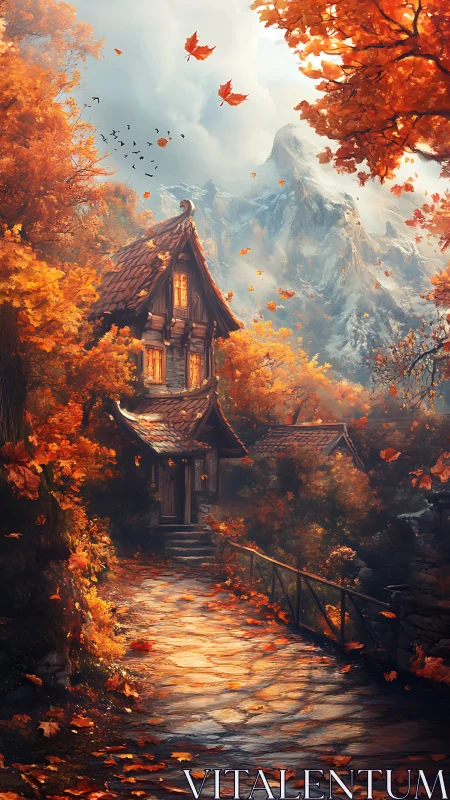 Autumn forest cottage under mountains with falling leaves.