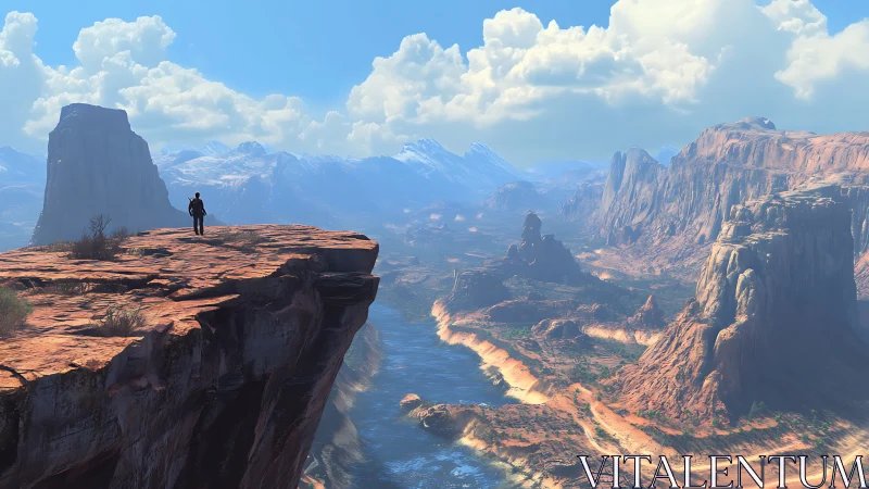 Lone hiker on canyon cliff above vast desert river valley.